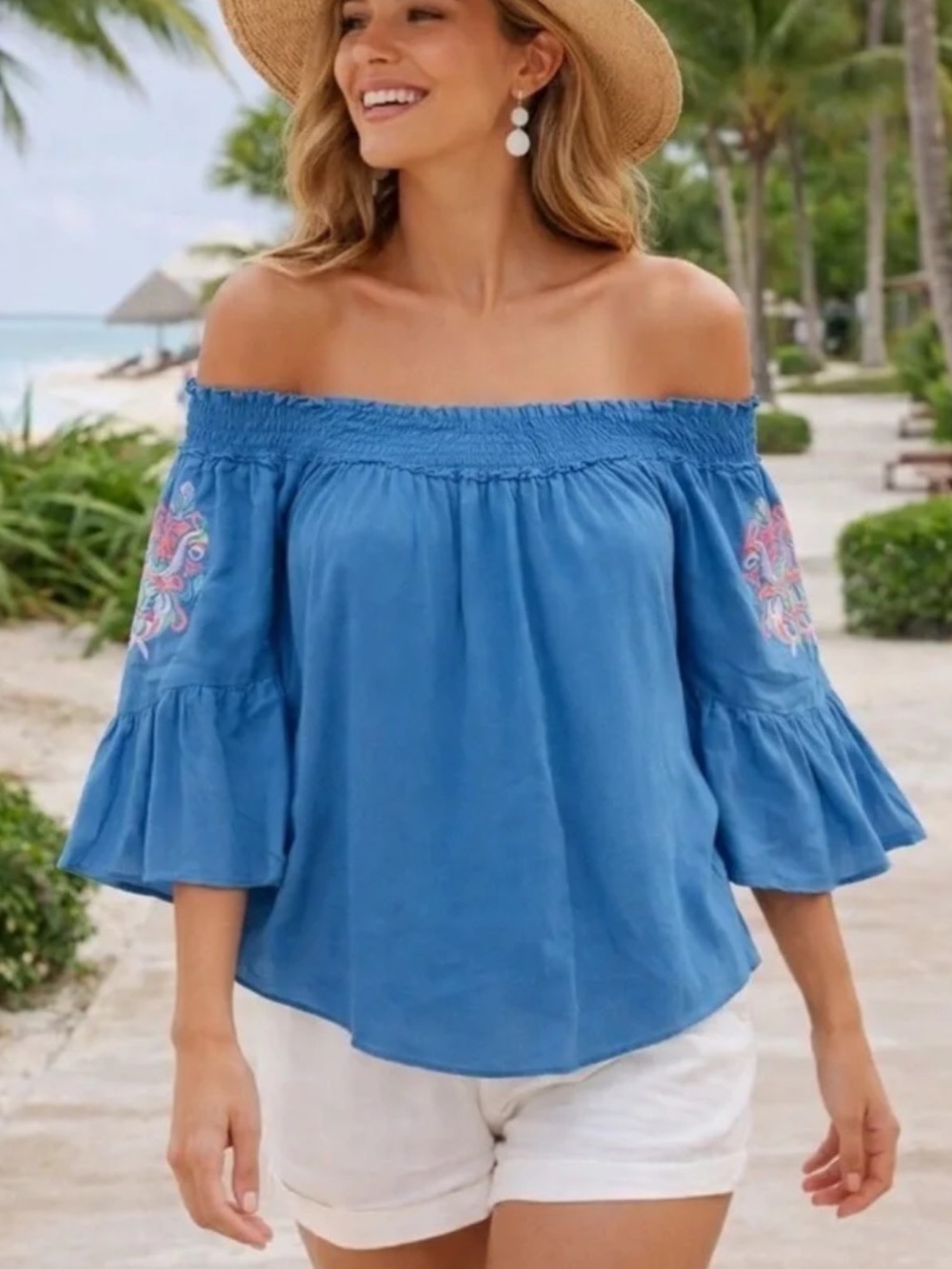 Lilly Pulitzer blue off the shoulder top with embroidered flounce sleeves Large